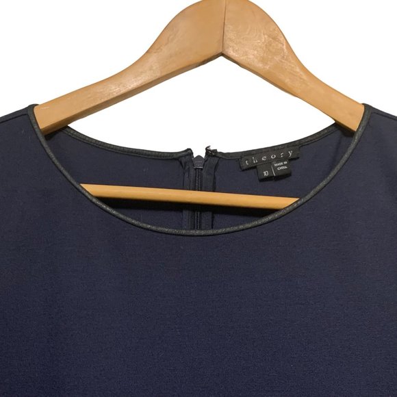 Theory Leilana Leather Trim Shift Dress Womens 10 Navy Blue Black Leather - Picture 3 of 10